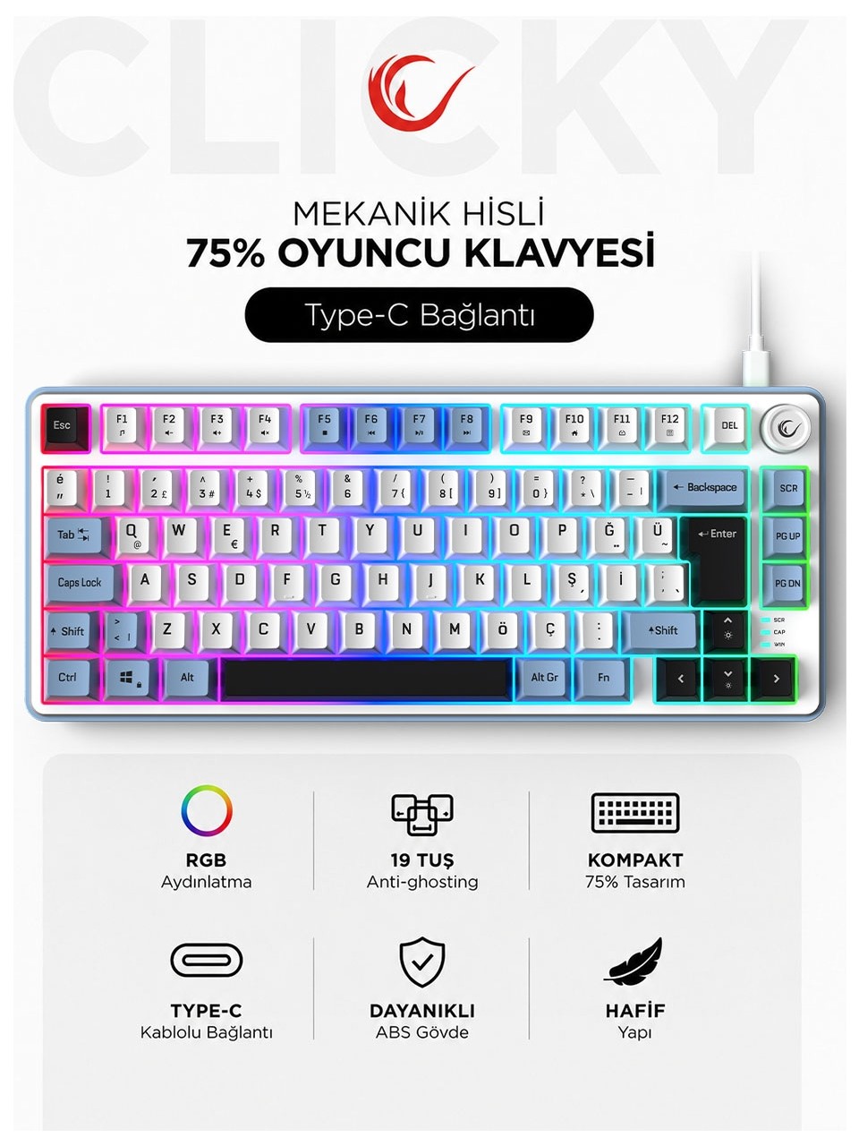 RAMPAGE CLİCKY KABLOLU RGB GAMİNG OYUNCU KLAVYESİ